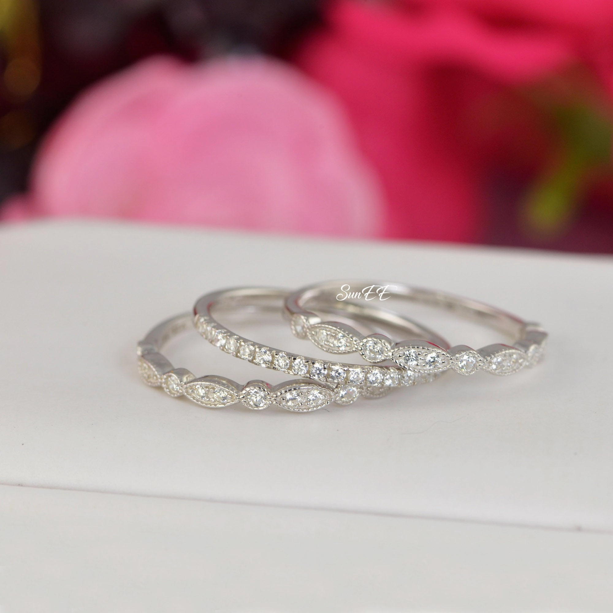 0.7ct Half Eternity & Art Deco Wedding Band Stack Promise Ring Diamond Simulated 925 Sterling Silver Anniversary Ring SKU:00203 Lightweight Material Memorable Accessory