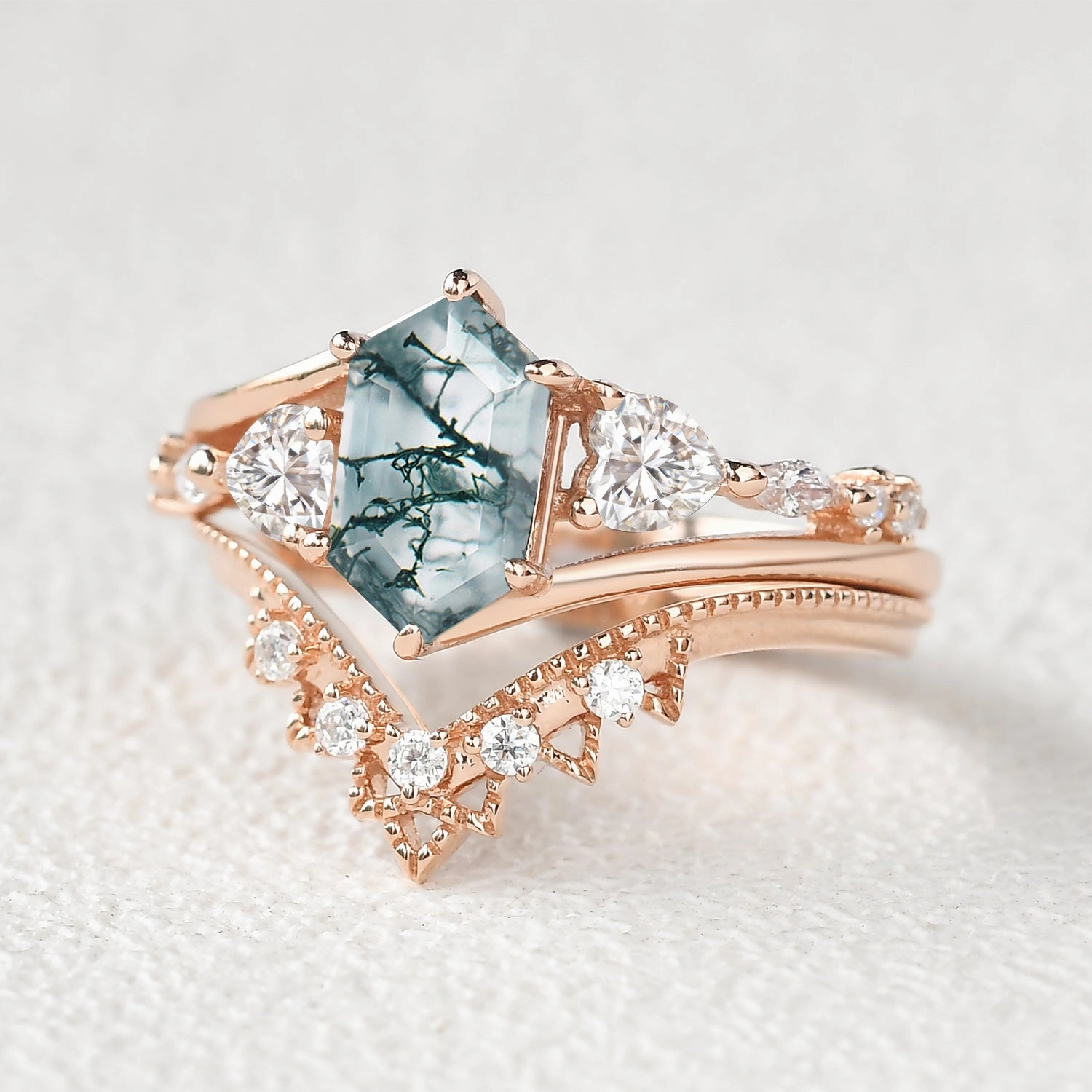 Fashionable Craft Hexagon Moss Agate Art-Deco Engagement Ring Set 2pcs