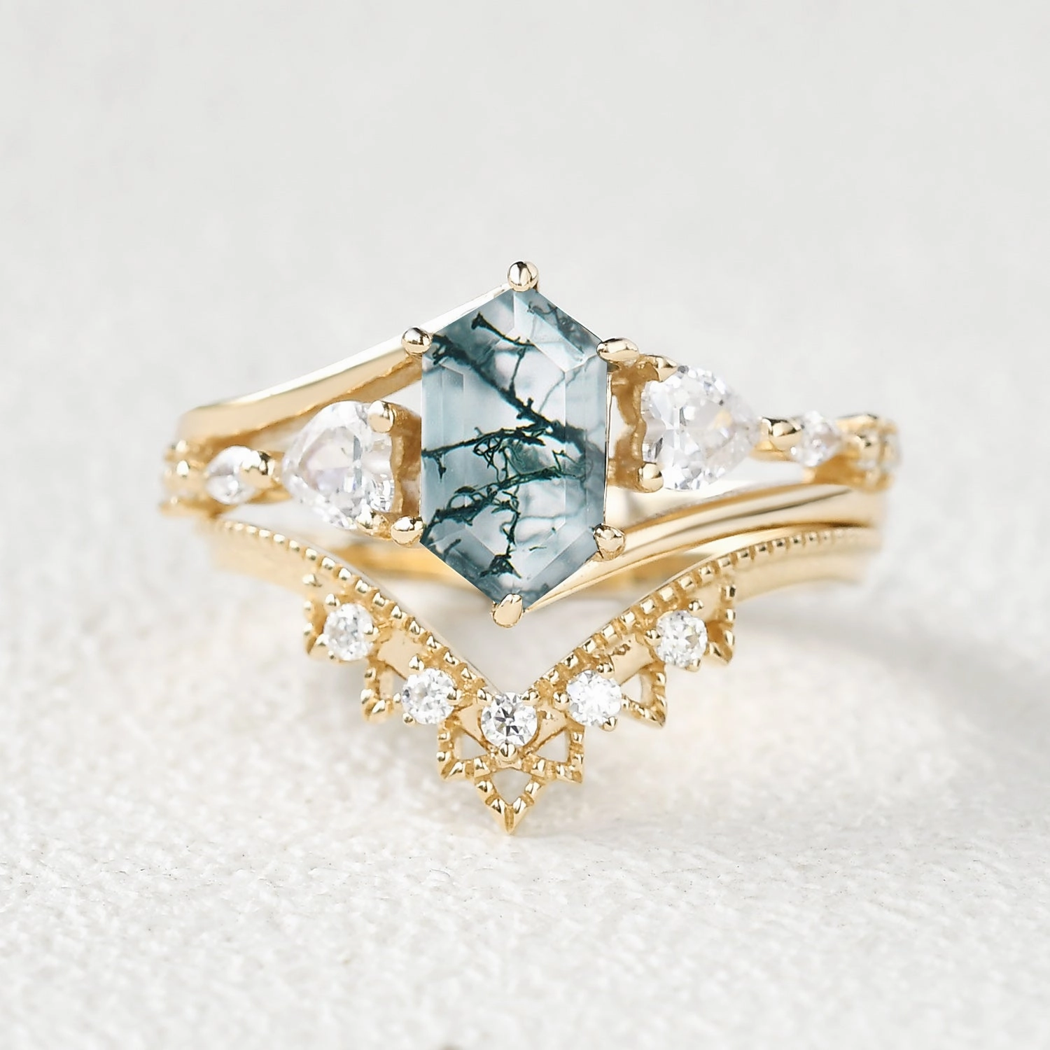 Elegant Jewelry Hexagon Moss Agate Art-Deco Engagement Ring Set 2pcs