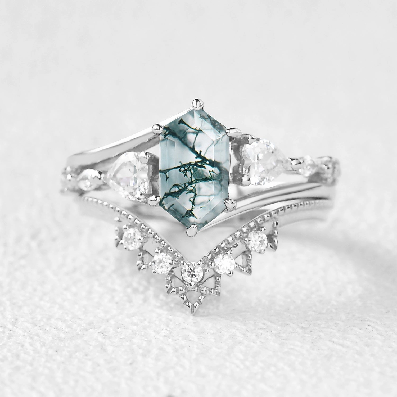 Casual Detail Premium Feature Hexagon Moss Agate Art-Deco Engagement Ring Set 2pcs