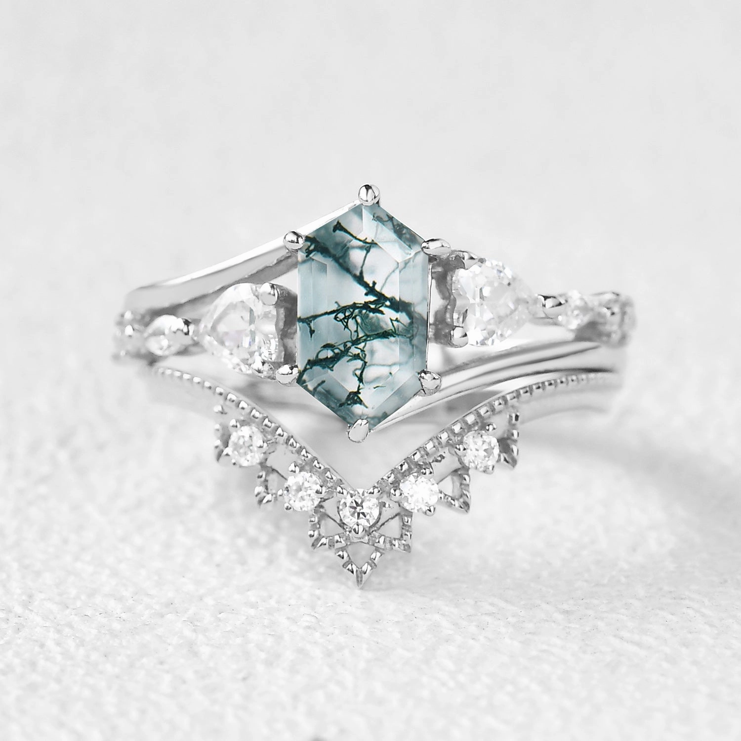 Sophisticated Element Hexagon Moss Agate Art-Deco Engagement Ring Set 2pcs