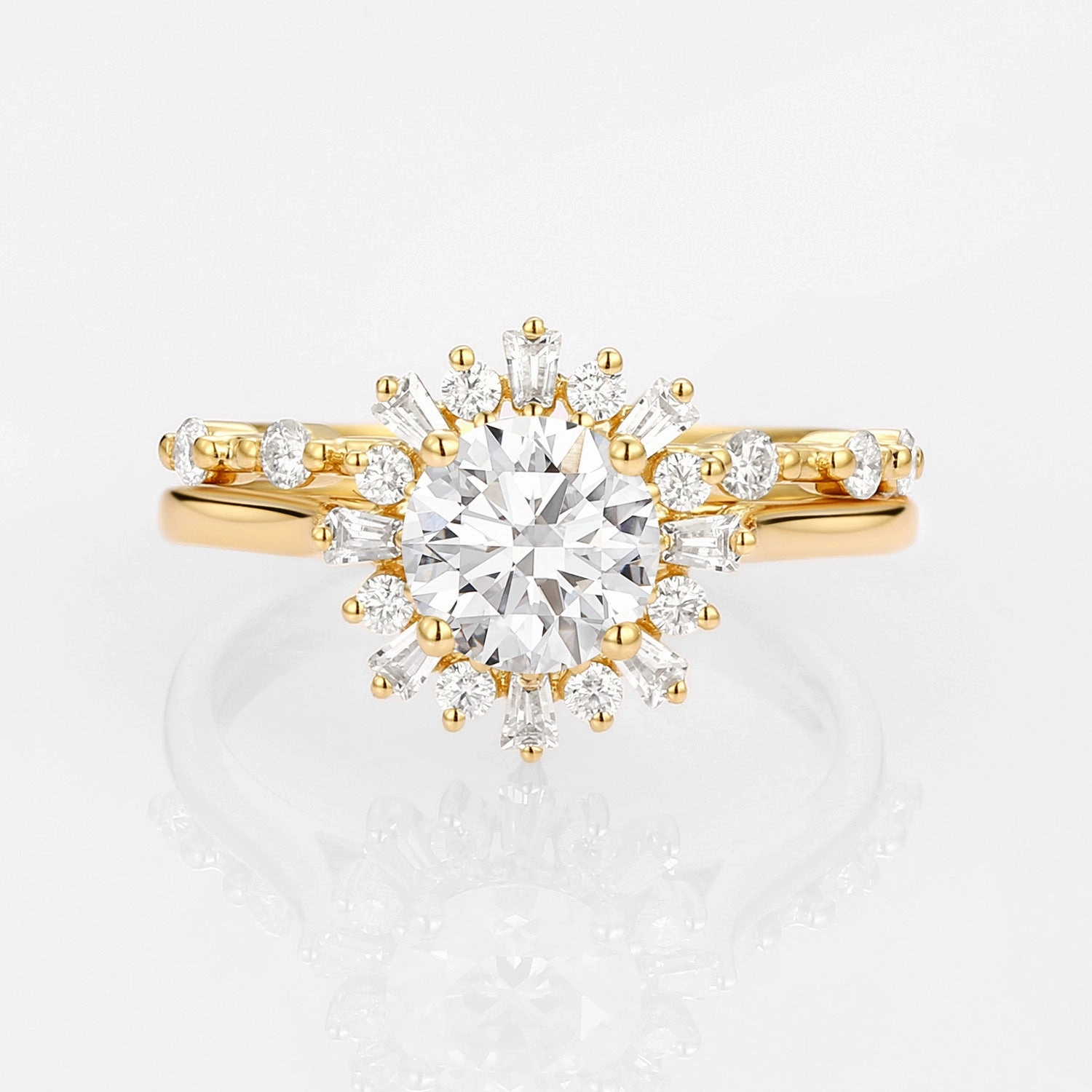 Sunlight Shine Fashion Muse Halo Floral Round Lab Grown Diamond Ring Set 2pcs - Sol