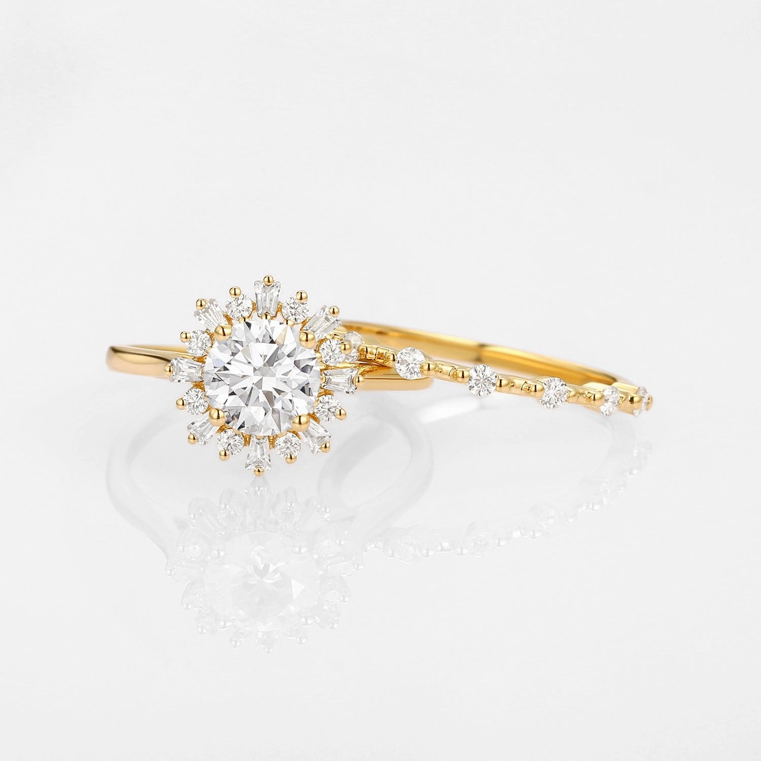 Halo Floral Round Lab Grown Diamond Ring Set 2pcs - Sol Glow Touch