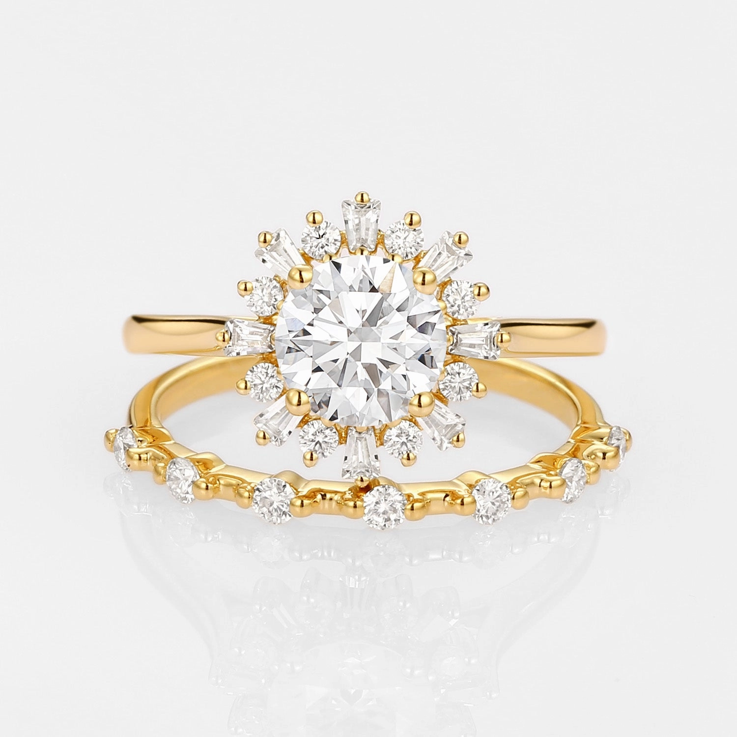 Halo Floral Round Lab Grown Diamond Ring Set 2pcs - Sol Creative Edge Unique Look