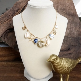Vintage Vibe Timeless Detail Multi-Charm Chinoiserie & Shell Locket Necklace ?C Blue & Gold
