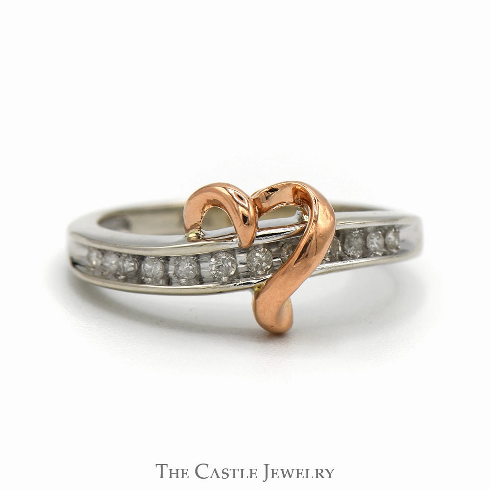 Customizable style Artisan Expression Two Tone Open Heart Ring with Nick Set Diamond Accents in 10k White & Rose Gold