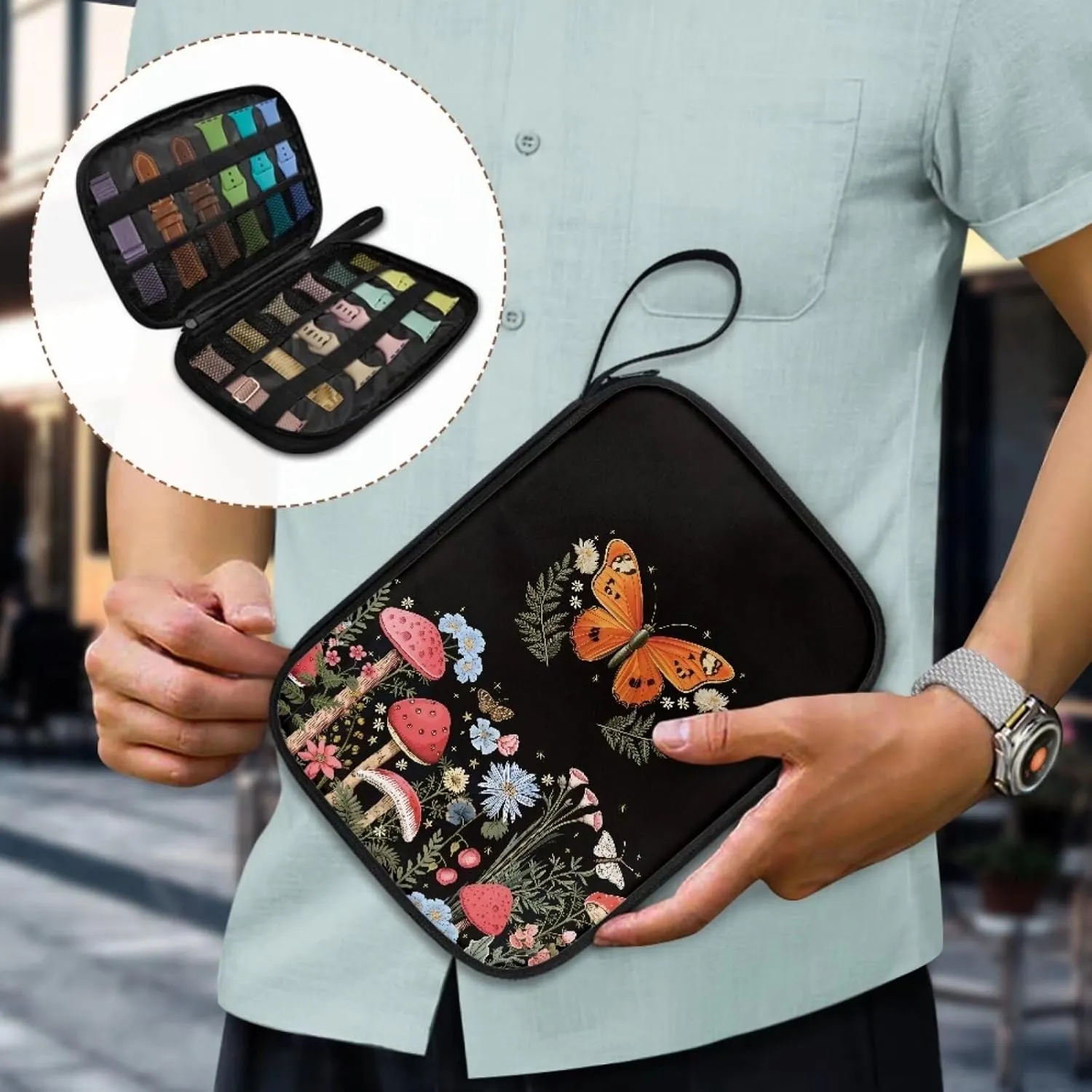 Daisy Mushroom Watch Band Storage Case for Watch Bands, Portable Organizer Bag Hold 12 Watch Straps Compatible with Smartwatch Band and Other Accessories