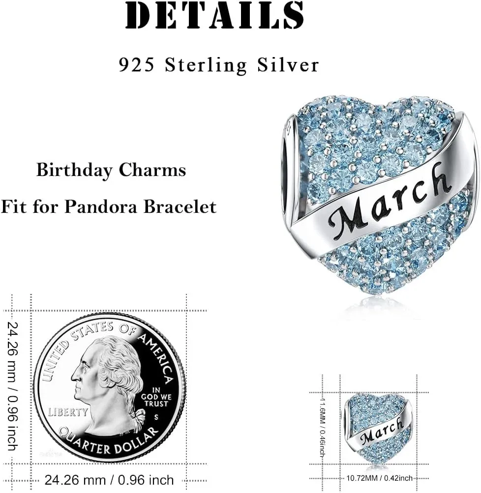 DALARAN Birthstone Charms for Charms Bracelet 925 Sterling Silver Heart Bead Happy Birthday Charms for Women