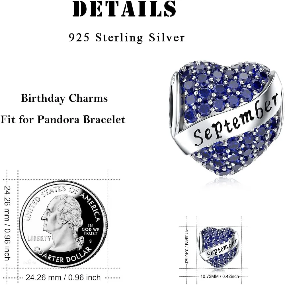 DALARAN Birthstone Charms for Charms Bracelet 925 Sterling Silver Heart Bead Happy Birthday Charms for Women