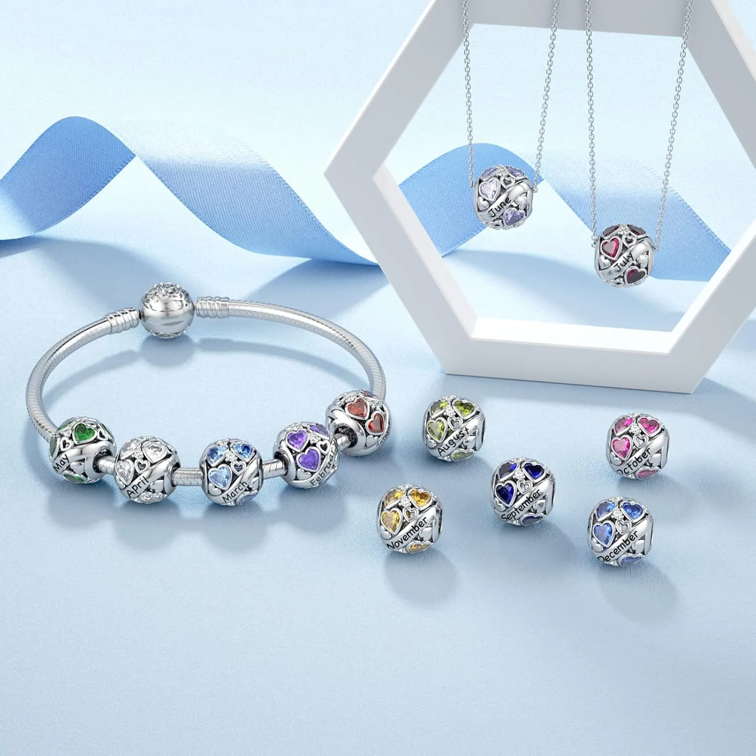 DALARAN Birthstone Charms for Charms Bracelet 925 Sterling Silver Heart Bead Happy Birthday Charms for Women