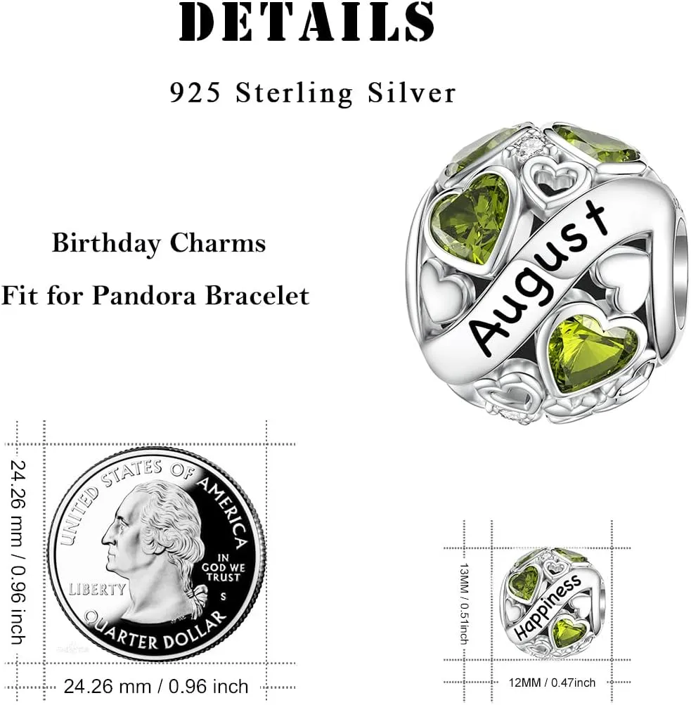 DALARAN Birthstone Charms for Charms Bracelet 925 Sterling Silver Heart Bead Happy Birthday Charms for Women