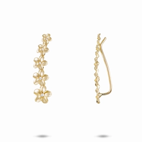 Plumeria Climber Earrings in Gold with Diamonds - 26mm Unique Creation Dainty Spark
