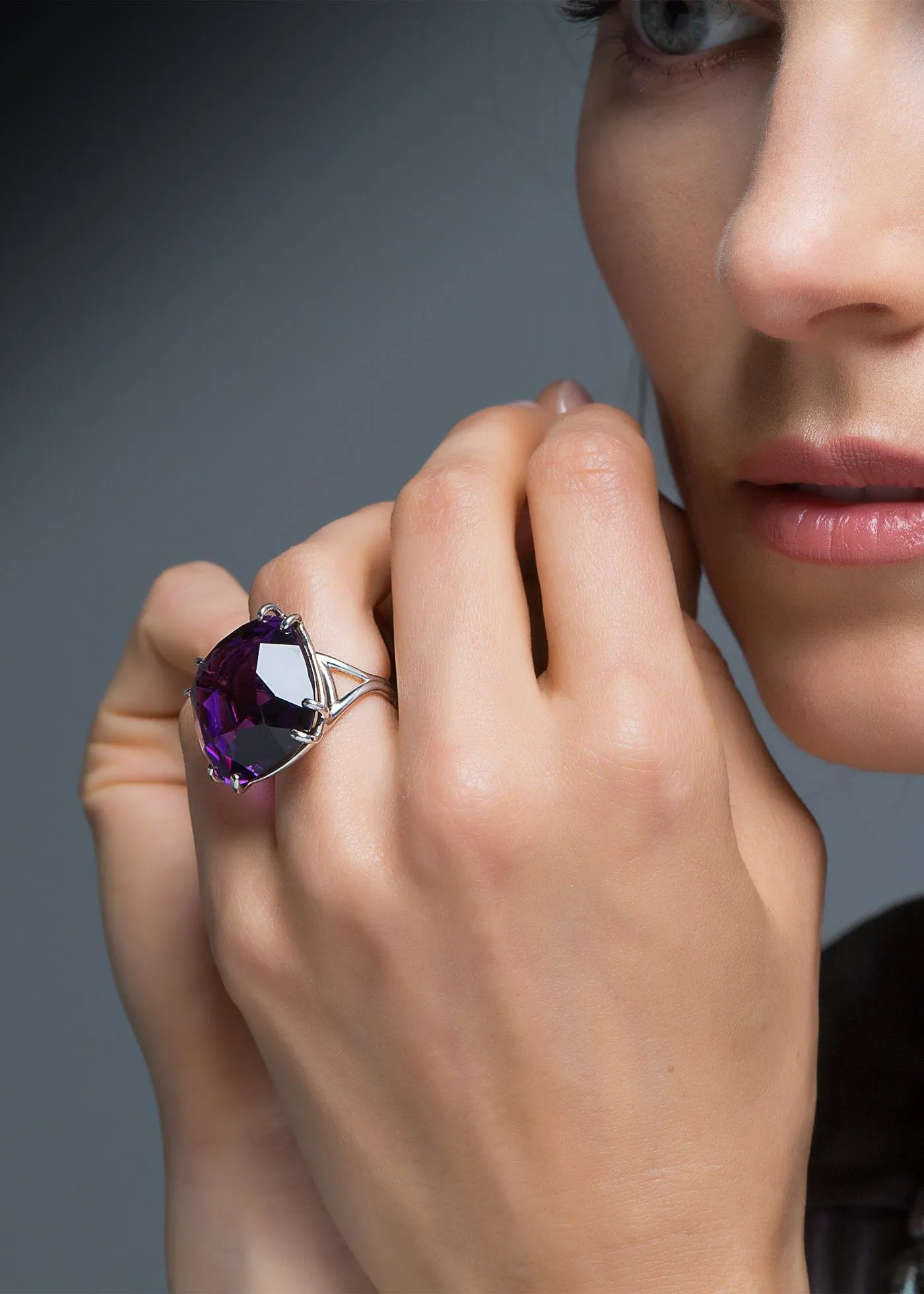 Dark Amethyst Sterling Cocktail Ring, 34 Carat Cushion Cut