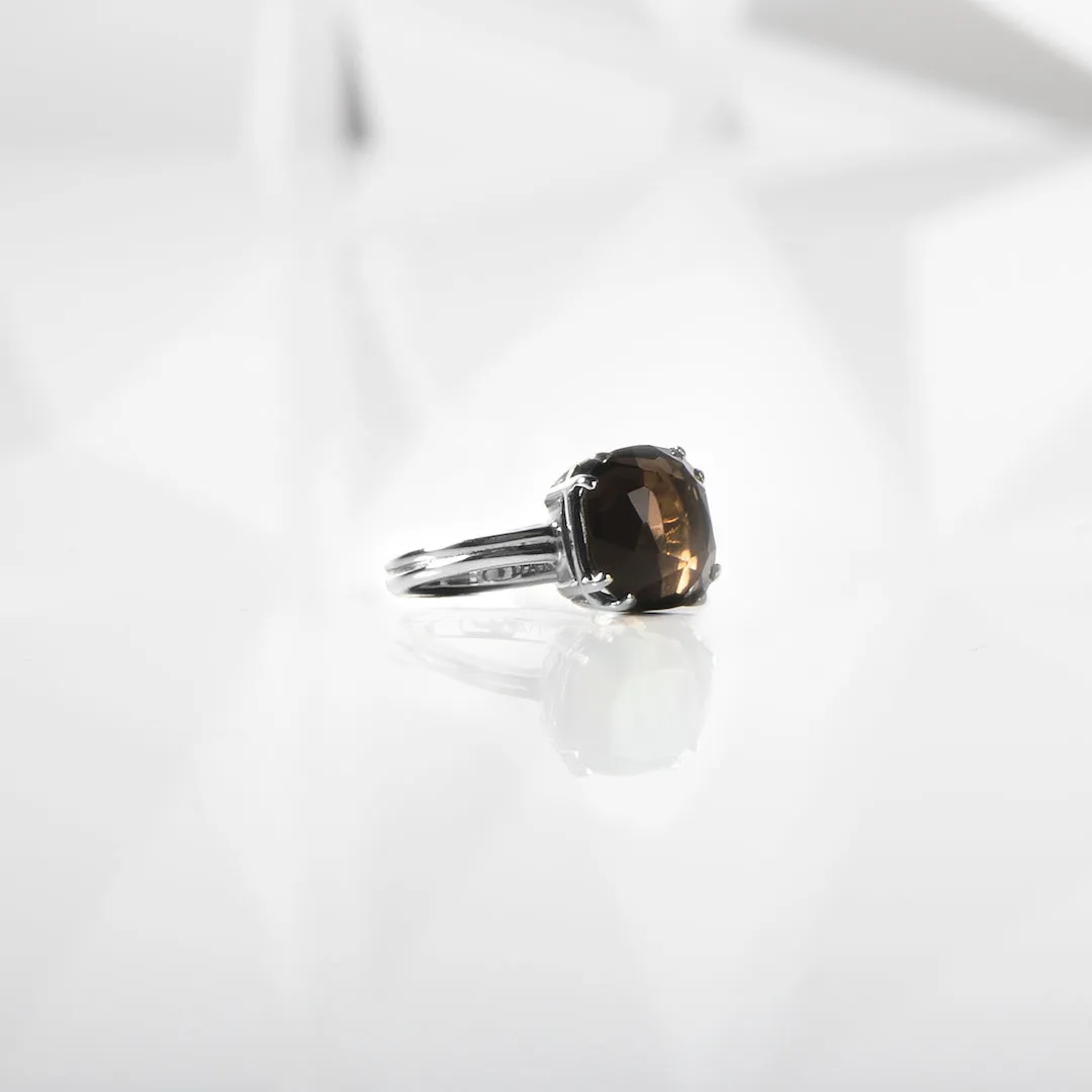 Dark Smokey Topaz Sterling Ring, 12MM Cushion Cut