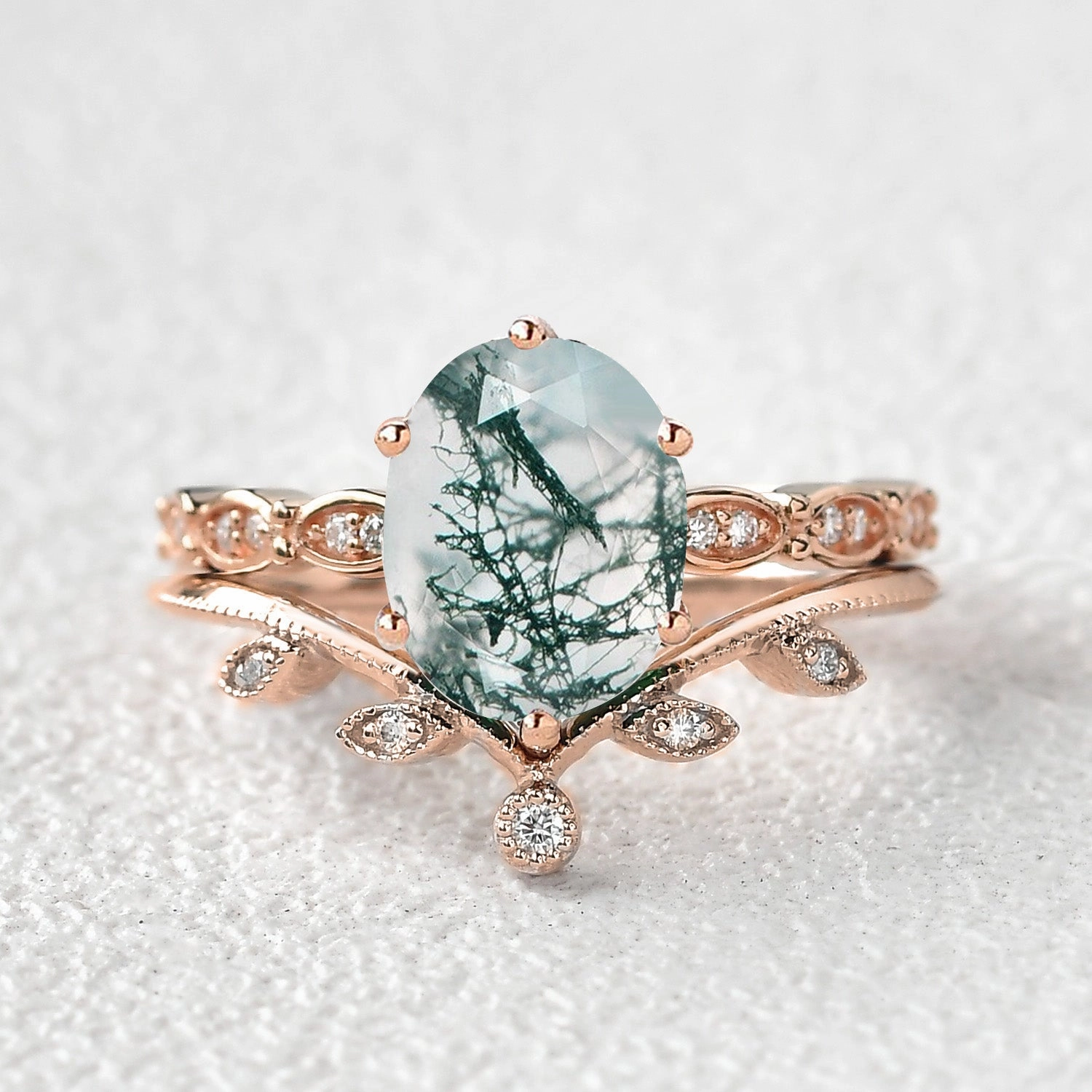 Muted Mood 2.0ct Oval Cut Moss Agate Rose Gold Vine Leafy Ring Set 2pcs