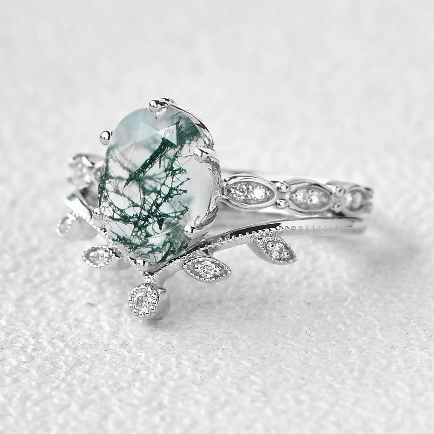 2.0ct Oval Cut Moss Agate Rose Gold Vine Leafy Ring Set 2pcs Exclusive Gifts