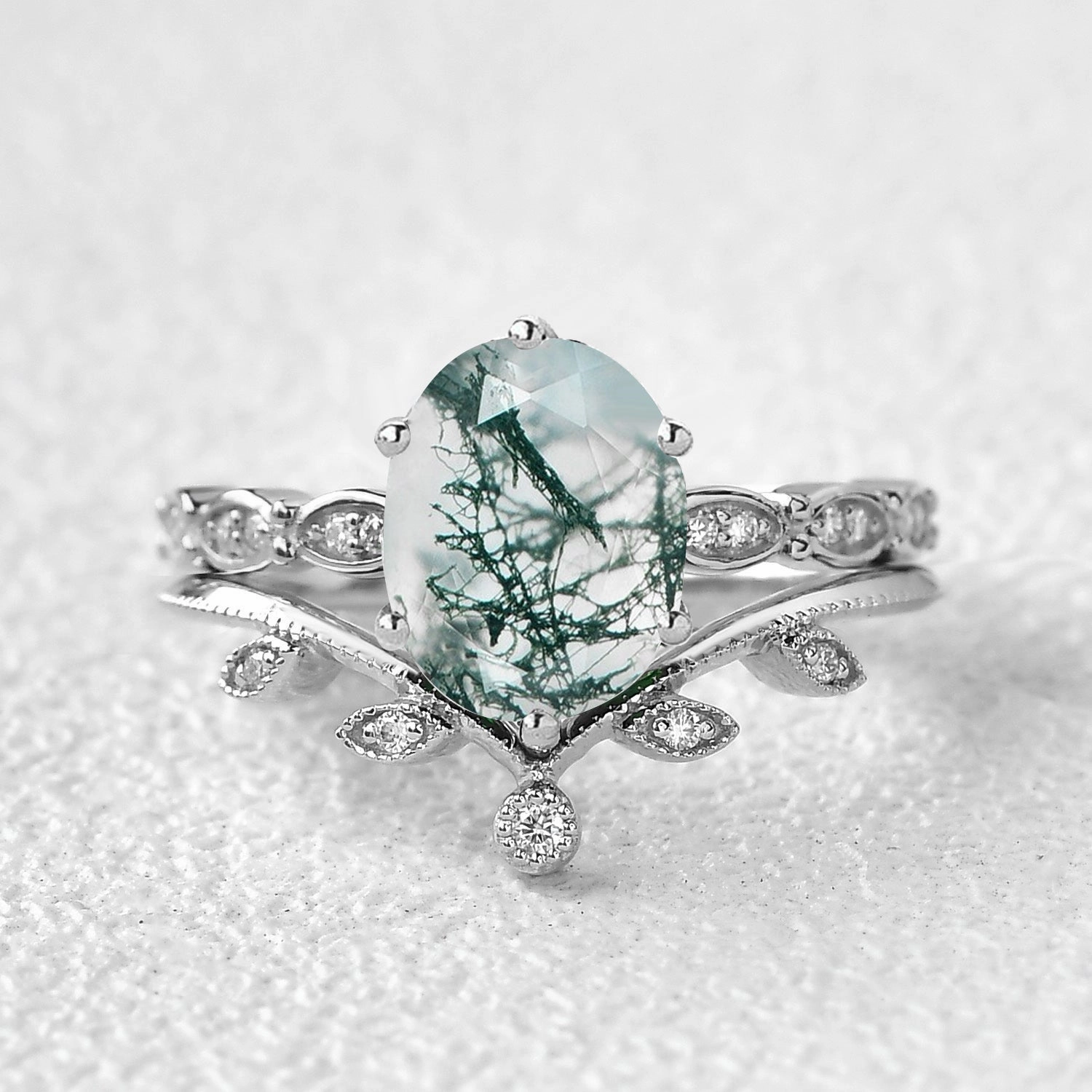 2.0ct Oval Cut Moss Agate Rose Gold Vine Leafy Ring Set 2pcs Anniversary Gift All Season