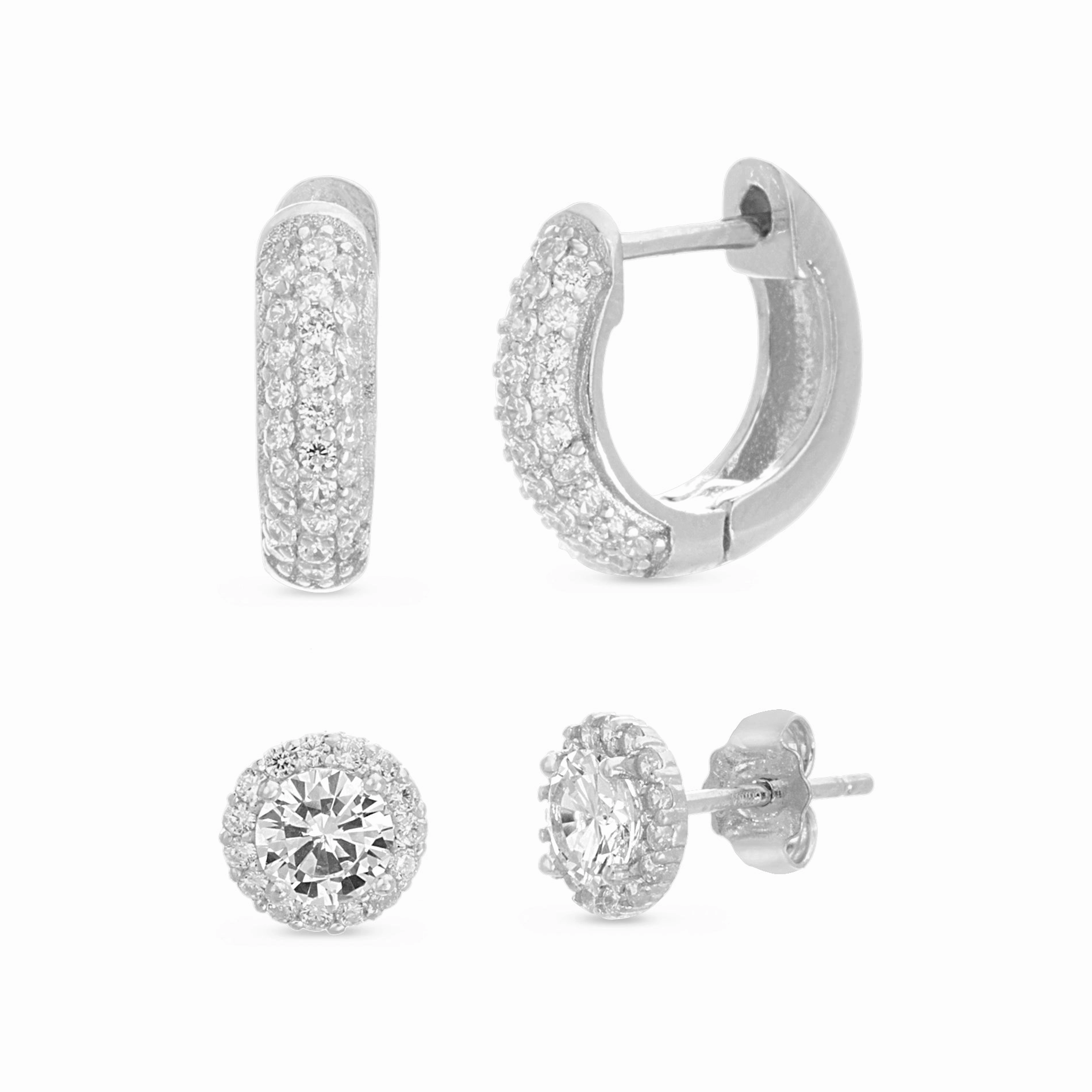 Fashionable Essential Lesa Michele Cubic Zirconia Huggie Hoop and Halo Stud Earring Set in Rhodium Plated Sterling Silver
