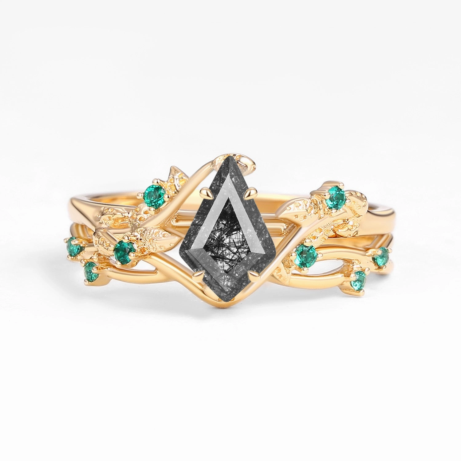 Nature Inspired - Kite Shaped Black Rutilated Quartz Leafy Ring Set 2pcs - Mossy Charming Pieces Design Timeless Radiance
