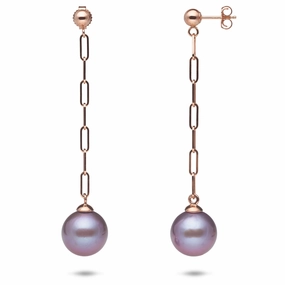 Ultraviolet Freshwater Pearl Paperclip Chain Earrings in Rose Gold - 10-11mm Artistic Flair Timeless Favorite