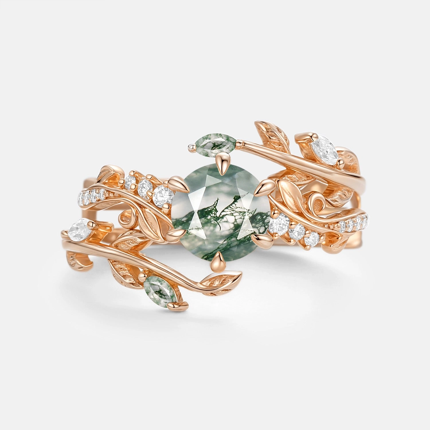 Stylish Pop Round Cut Vine Moss Agate Engagement Ring Sets 2pcs - Twine