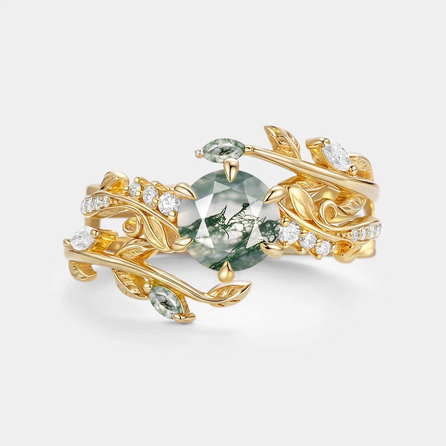 Round Cut Vine Moss Agate Engagement Ring Sets 2pcs - Twine Impressive Accent Understated Detail