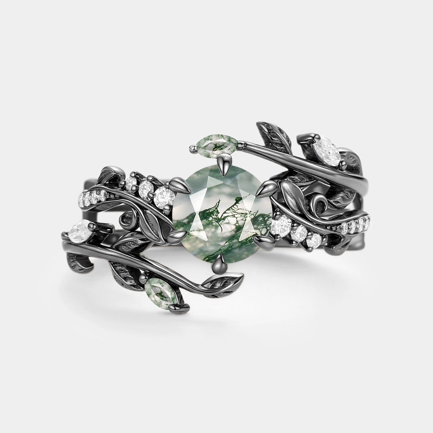 Round Cut Vine Moss Agate Engagement Ring Sets 2pcs - Twine Bridesmaid Gift