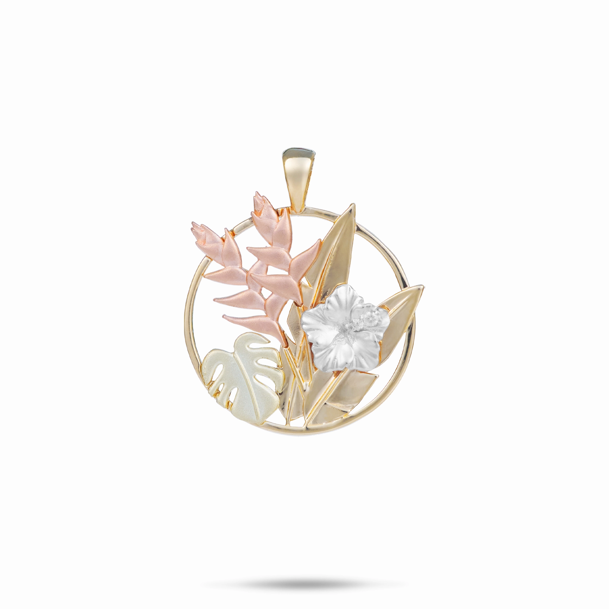Effortless Fit Stylish Layer Hawaiian Gardens Hibiscus Pendant in Four Tone Gold with Diamonds - 20mm