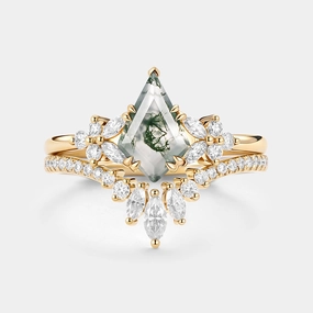 Kite Cut Moss Agate Cluster Engagement Ring Set 2pcs - Sora Cool Finish Delicate Touch
