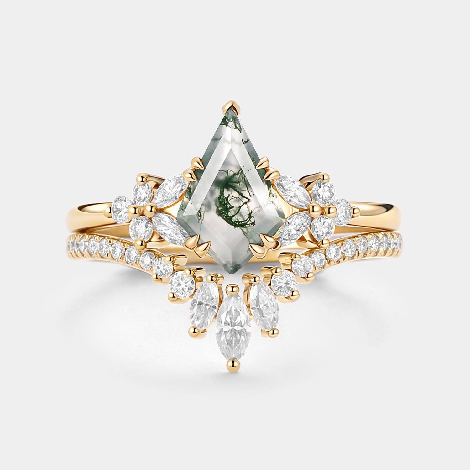 Kite Cut Moss Agate Cluster Engagement Ring Set 2pcs - Sora Cool Finish Delicate Touch
