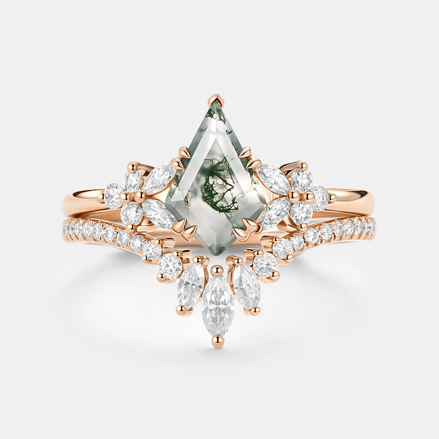Kite Cut Moss Agate Cluster Engagement Ring Set 2pcs - Sora Refined Style Glamorous Gem