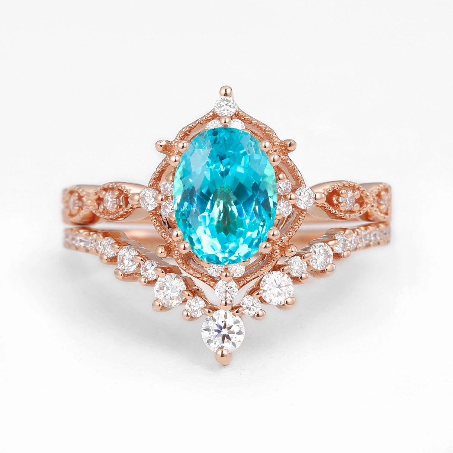 Luxury Gift Oval Cut Lab Paraiba Signature Vintage Ring Set 2pcs - Charlotte