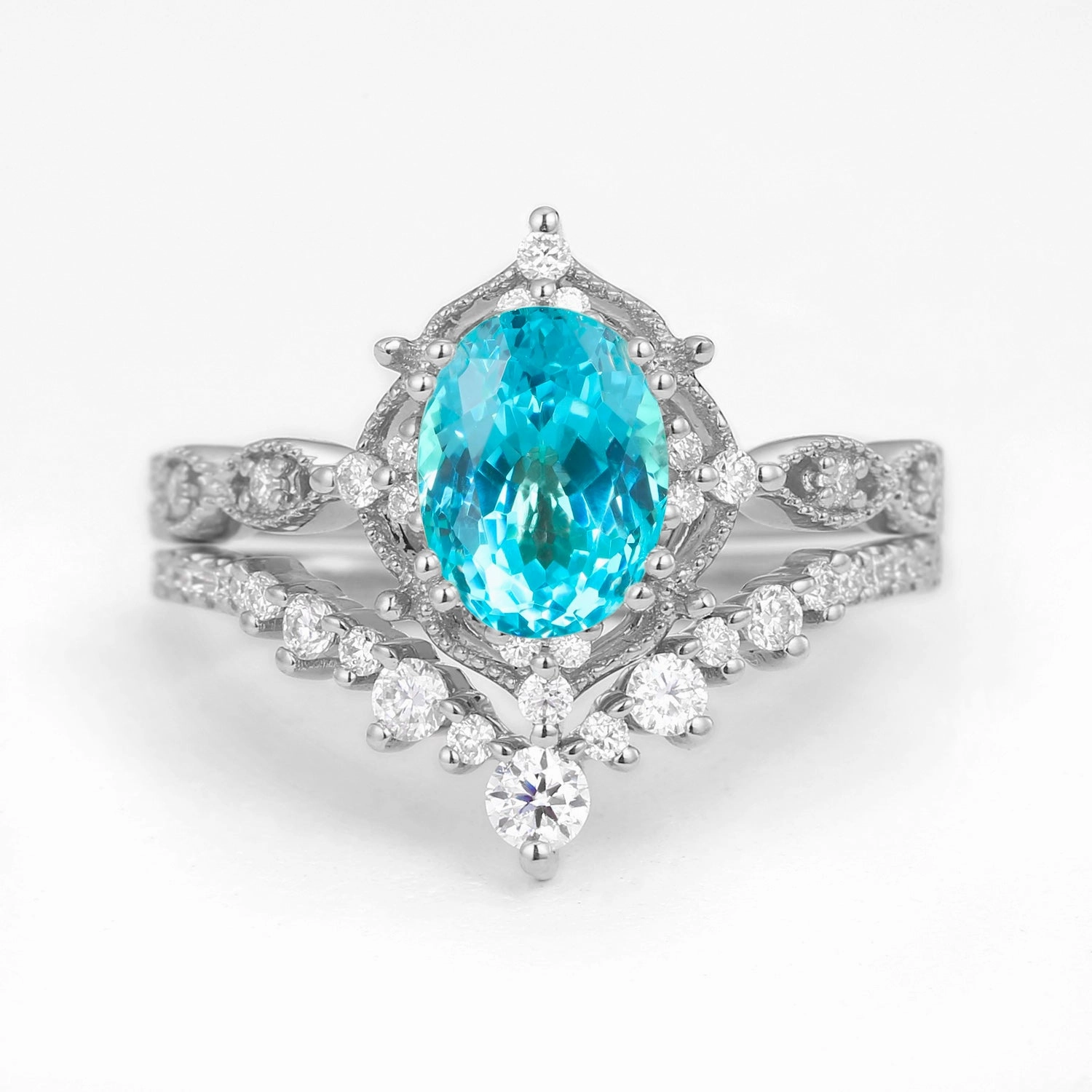 Oval Cut Lab Paraiba Signature Vintage Ring Set 2pcs - Charlotte Luxury Accessories