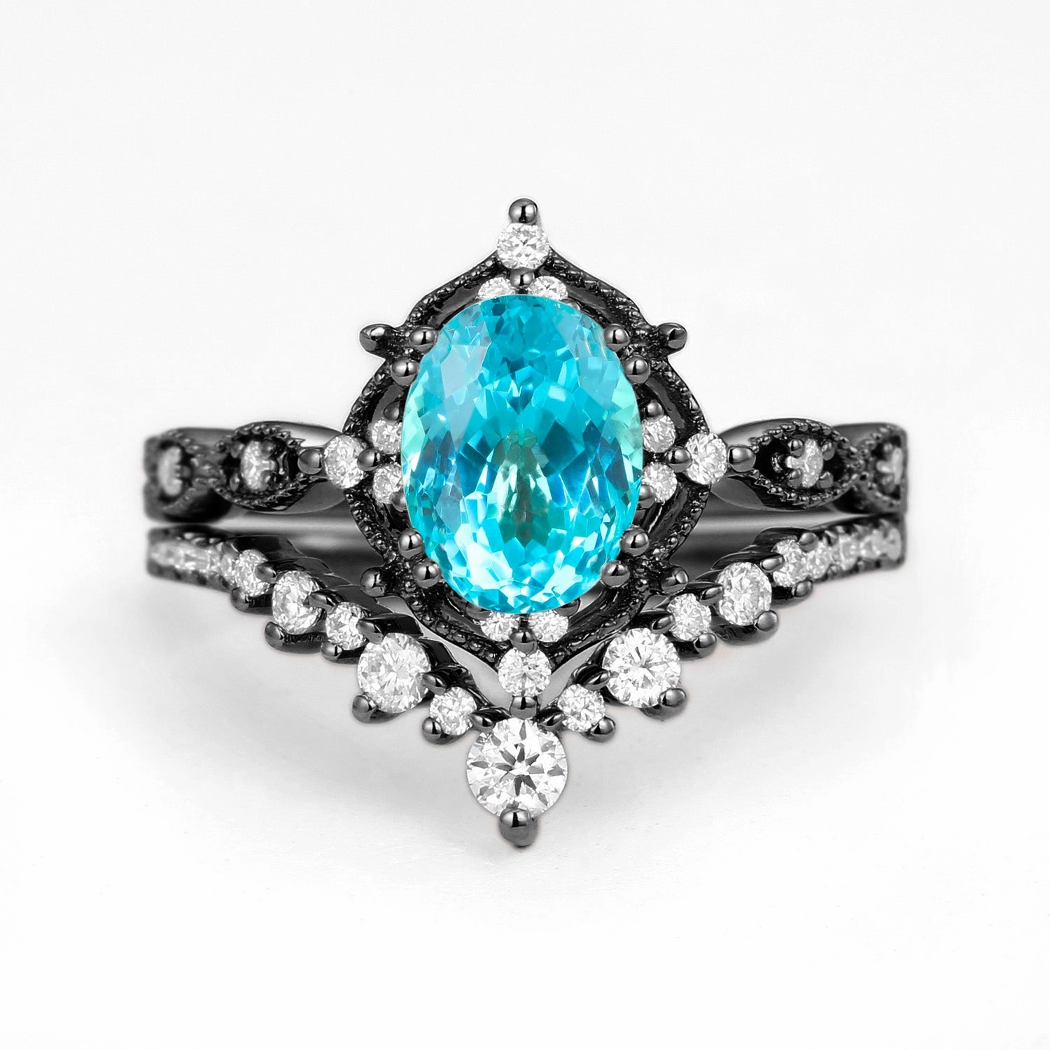 Sophisticated Accent Beautiful finish Oval Cut Lab Paraiba Signature Vintage Ring Set 2pcs - Charlotte