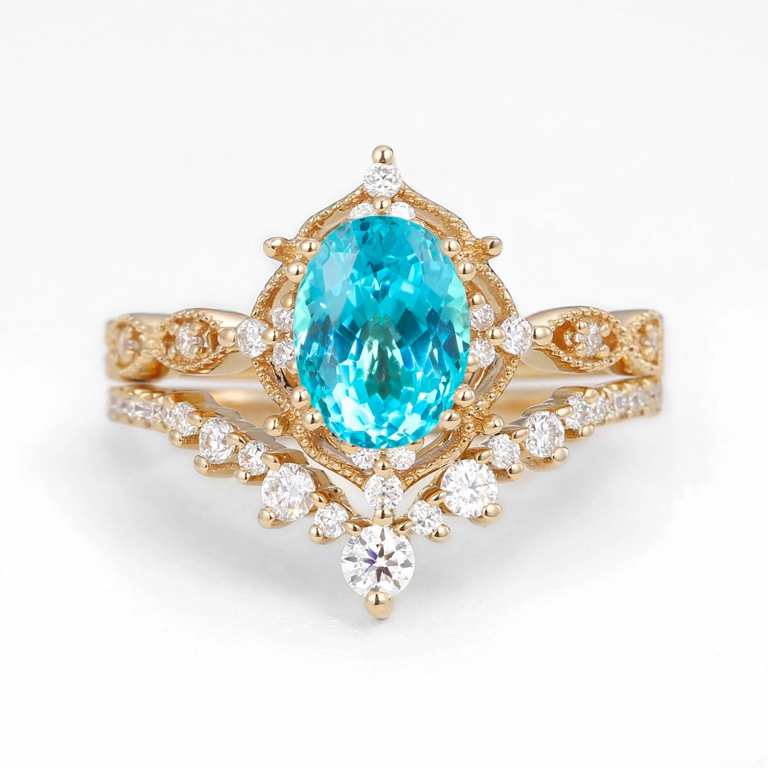 Oval Cut Lab Paraiba Signature Vintage Ring Set 2pcs - Charlotte Weekend Ready Chic Design