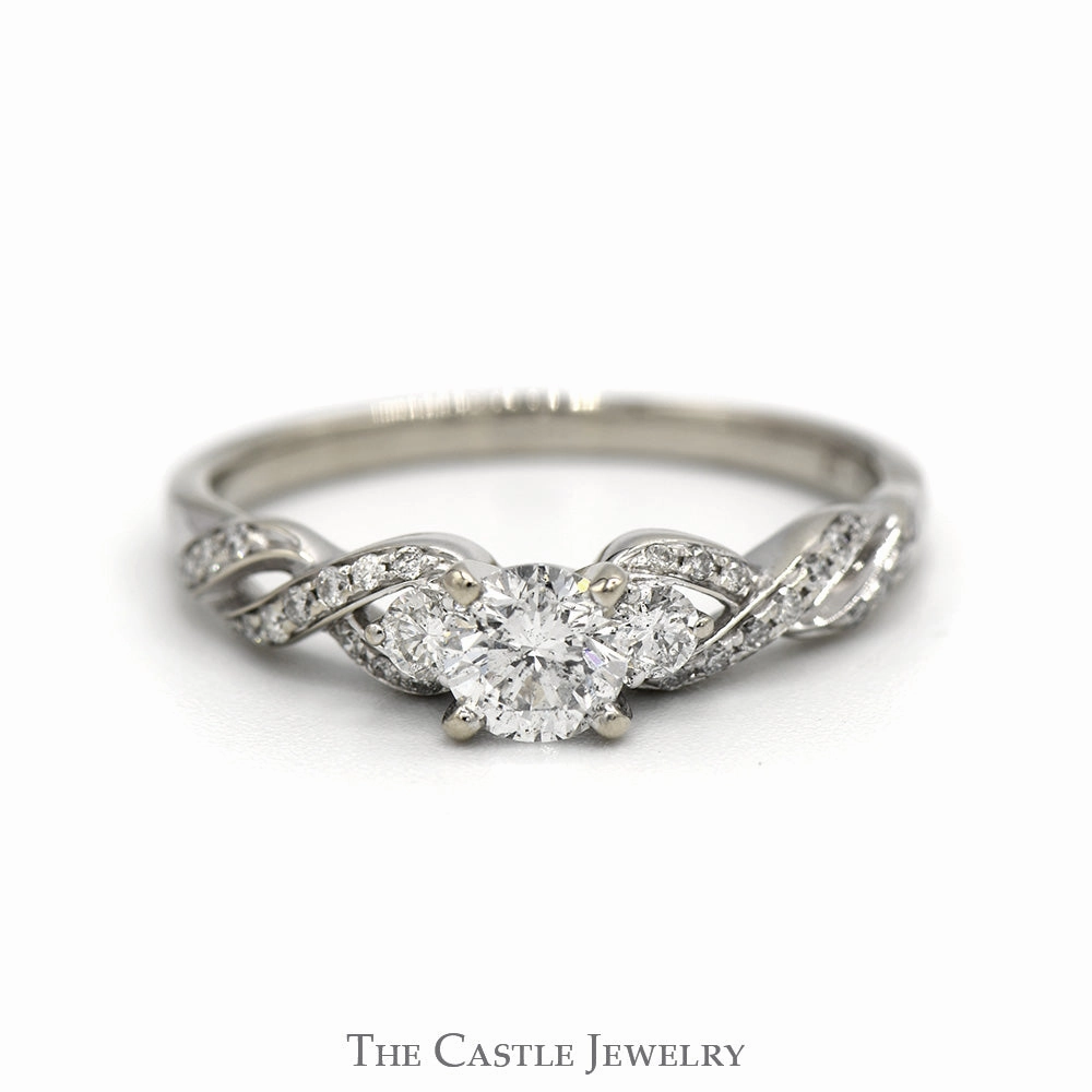 Return policy Three Stone Diamond Engagement Ring with Accented Twisted Sides in 14k White Gold
