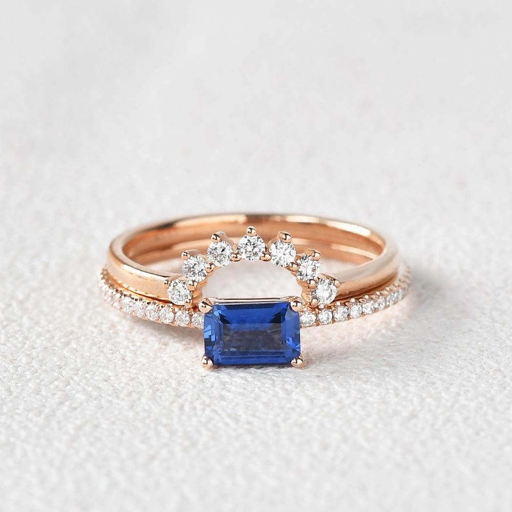 Handmade Jewelry Felicegals Baguette Cut Sapphire Gold Ring Set 2pcs