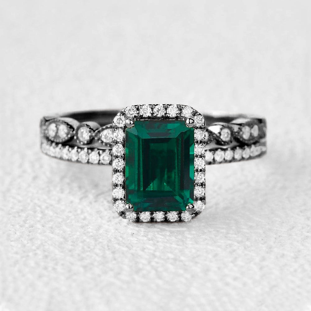 Black Gold Emerald & Moissanite Halo Gold Ring Set 2pcs Simple Layer