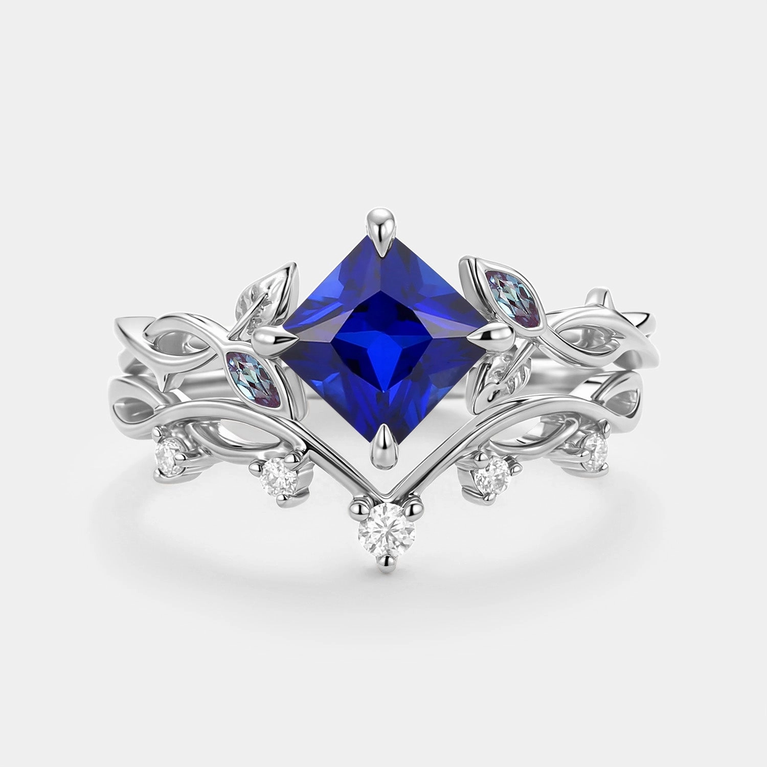 Weekend Chic Elegant Charm Princess Cut Lab Sapphire Twist Leafy Engagement Ring Set- Sable