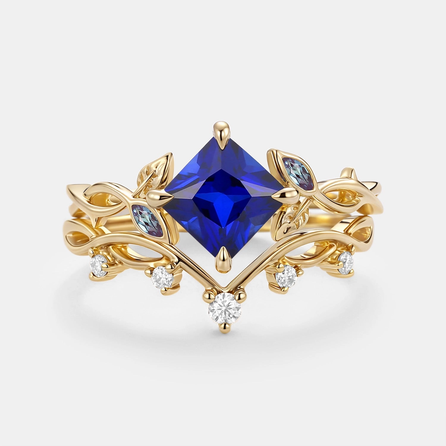 Princess Cut Lab Sapphire Twist Leafy Engagement Ring Set- Sable Expressive Edge Glossy Detail