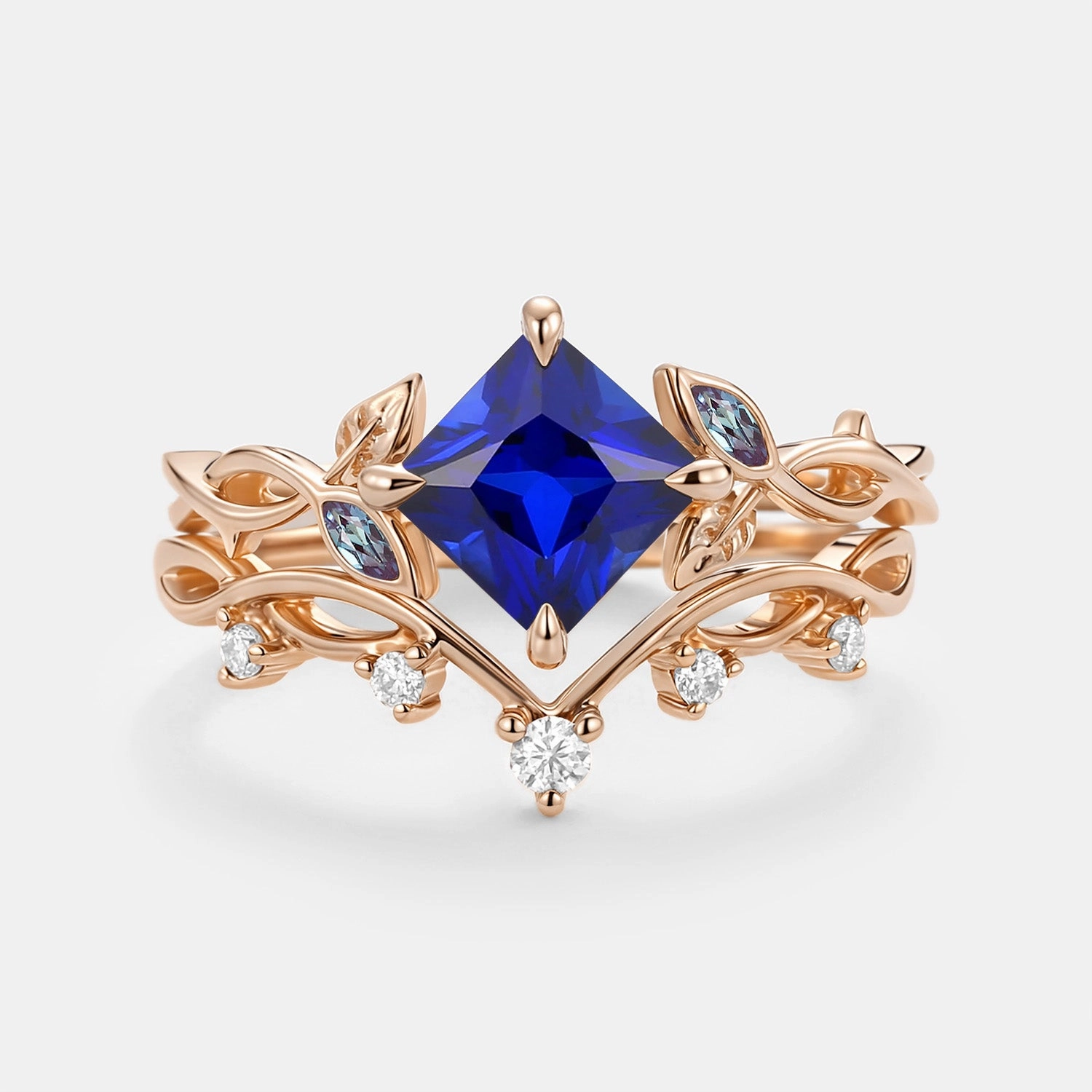 Exclusive Appeal Princess Cut Lab Sapphire Twist Leafy Engagement Ring Set- Sable