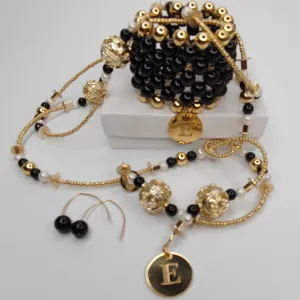 Decorative Bead And Pearl Lariat Necklace BLACK