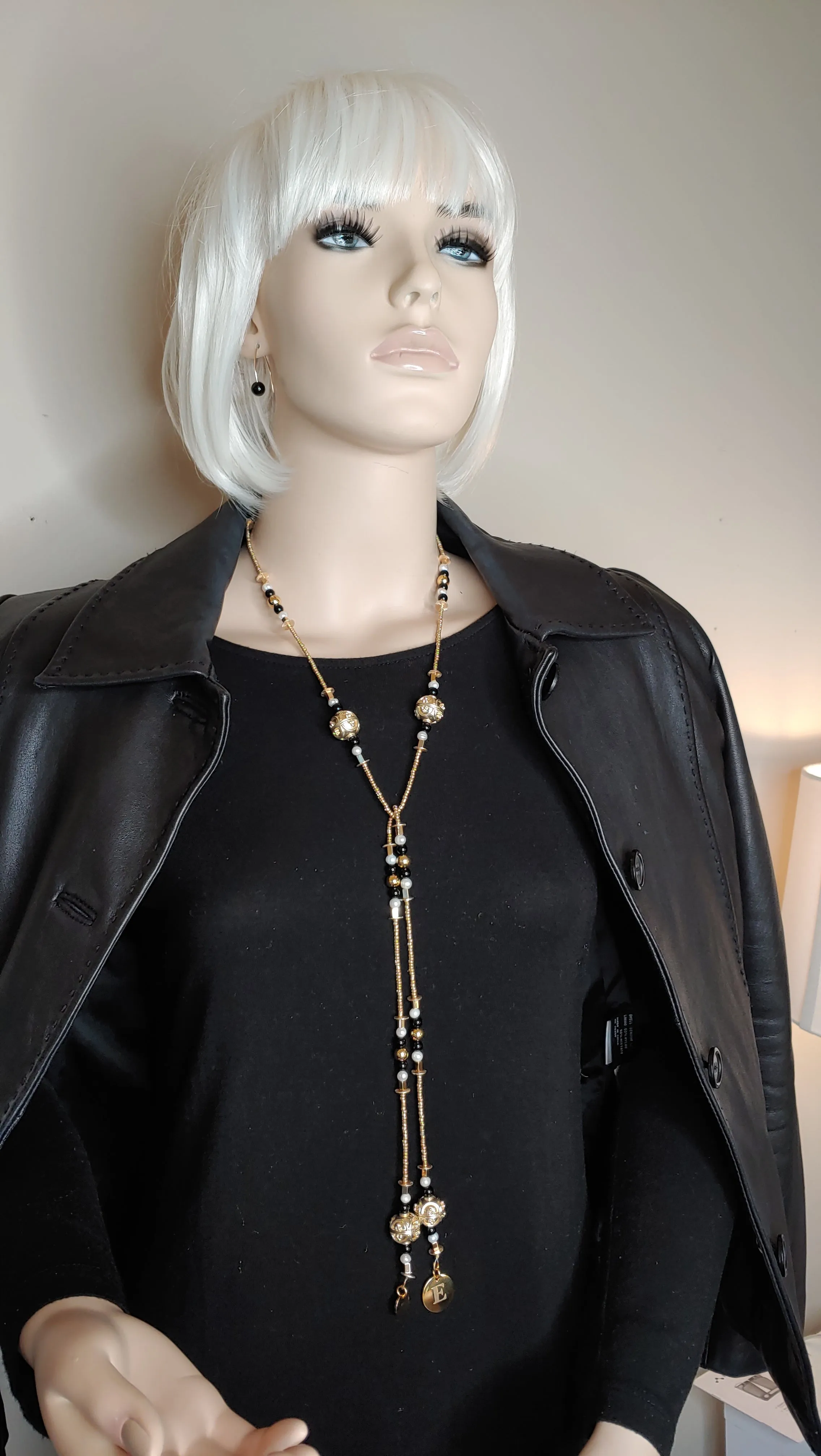 Decorative Bead And Pearl Lariat Necklace BLACK