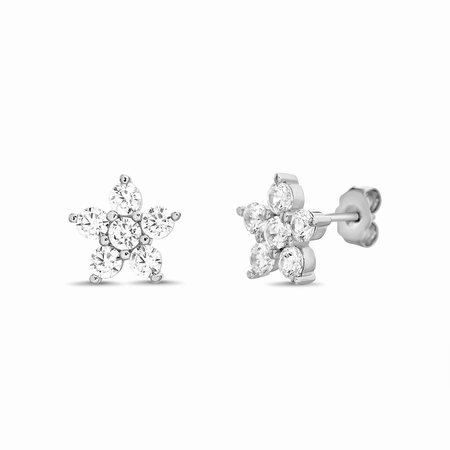Lesa Michele Cubic Zirconia Flower Star Stud Earrings in Rhodium Plated Sterling Silver Splendid Decoration