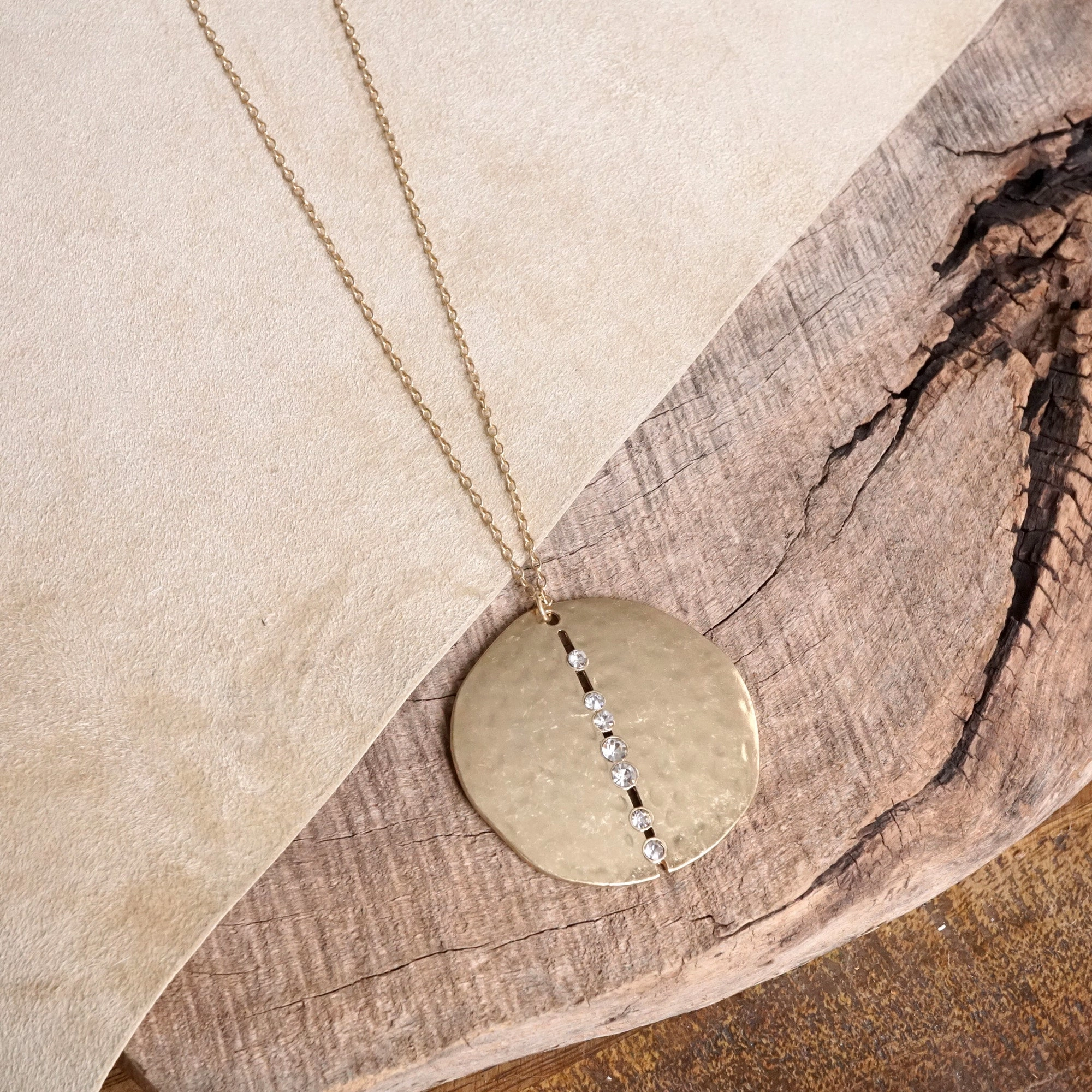 Long Worn Gold Hammered Disc Necklace with Crystal Accents Beaded Strand Custom Adornment