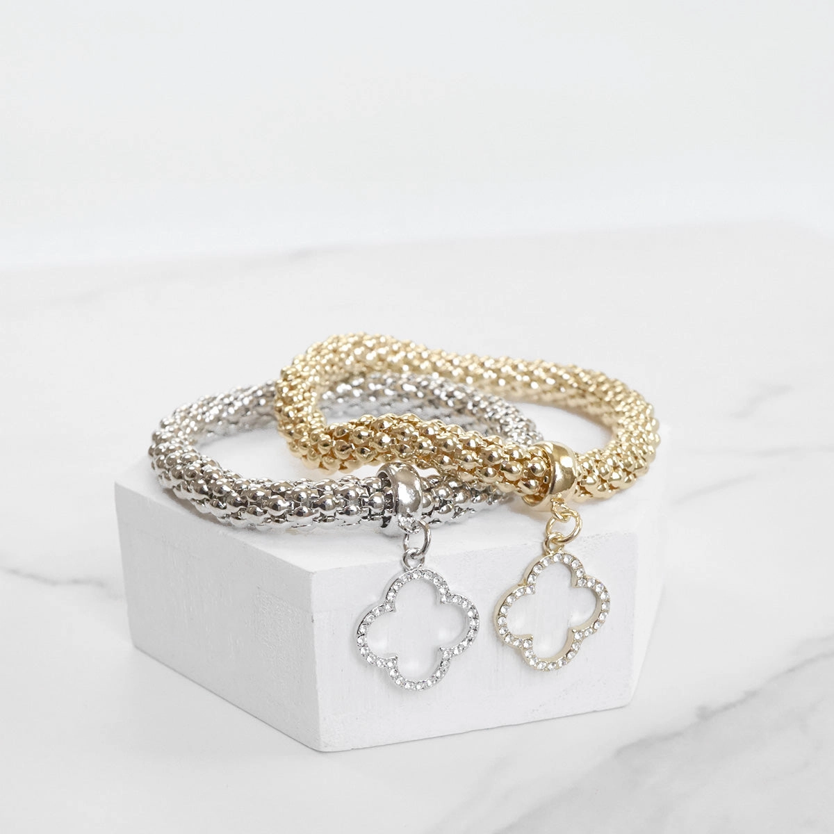 Steadfast Blend Layered Looks Flex stretchy bracelet bangle Clover Charm Snake chain Gold Silver