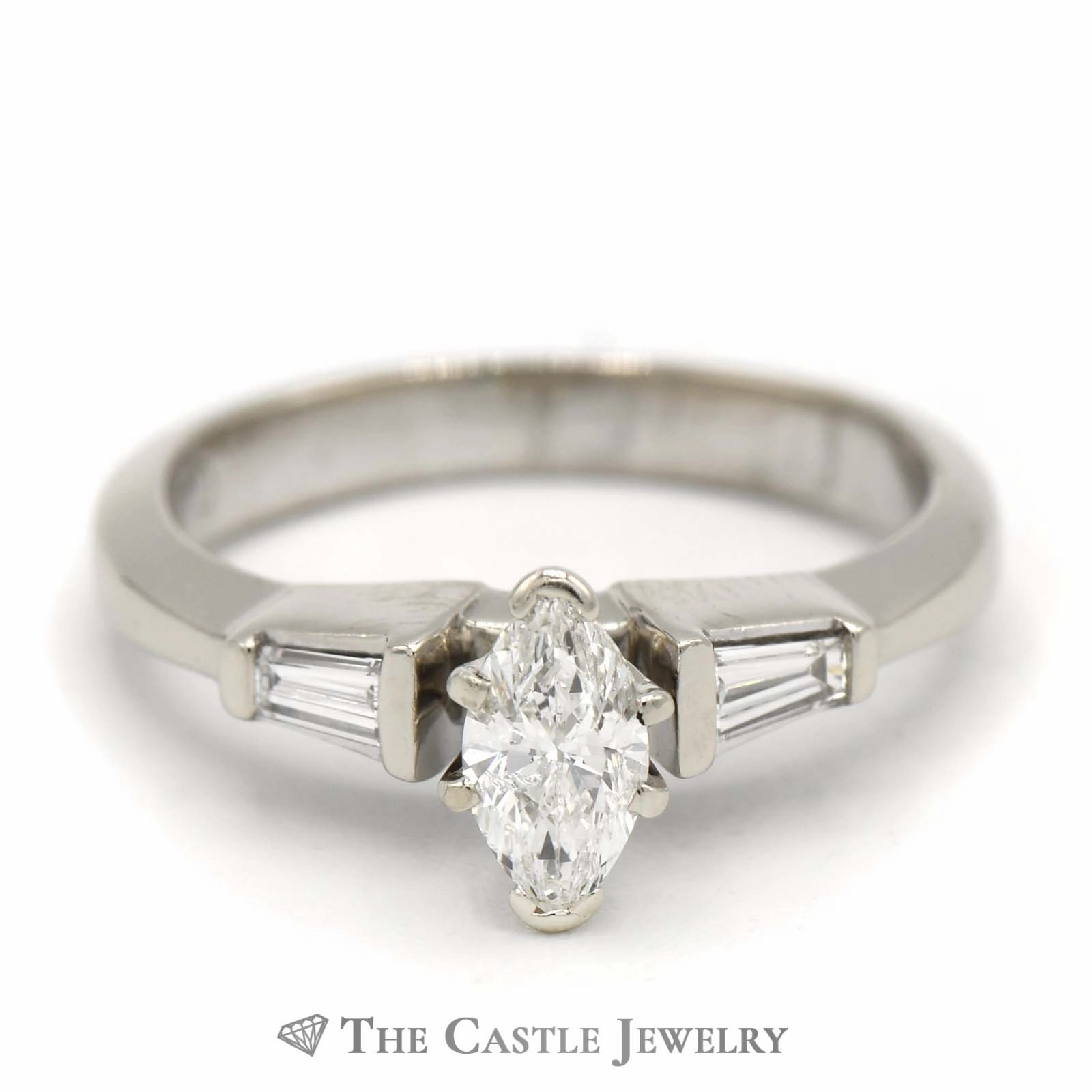 Graceful Finish Trendy Adornment Beautiful Marquise Diamond Engagement Ring 1/2cttw Tapered Baguette Diamond Sides in 14k White Gold
