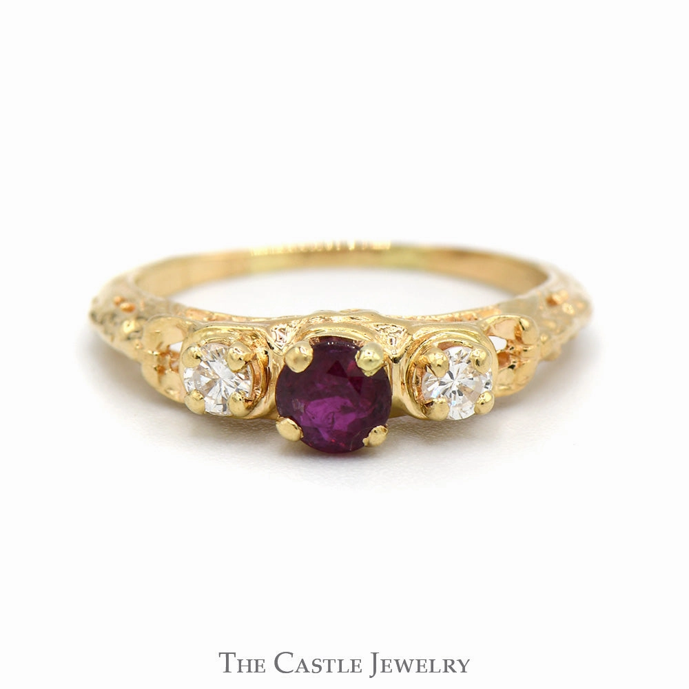 Superior Jewelry Budget Gift Vintage Style 3 Stone Ruby and Diamond Ring in 14k Yellow Gold