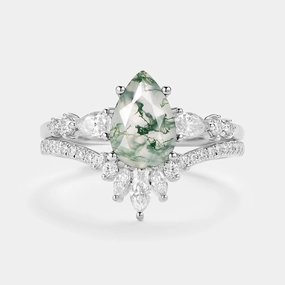 1.5ct Signature Pear Moss Agate Staccato Ring Set 2pcs - Scottie Bold Appeal Modern Flow