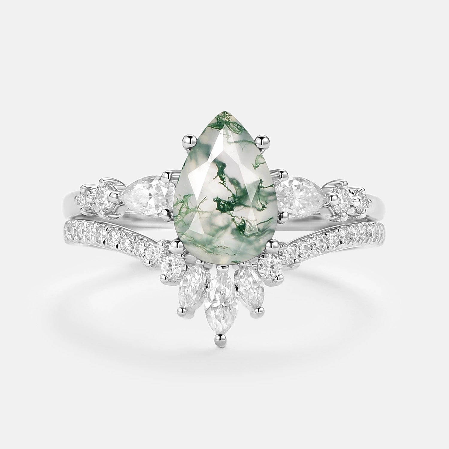 1.5ct Signature Pear Moss Agate Staccato Ring Set 2pcs - Scottie Bold Appeal Modern Flow